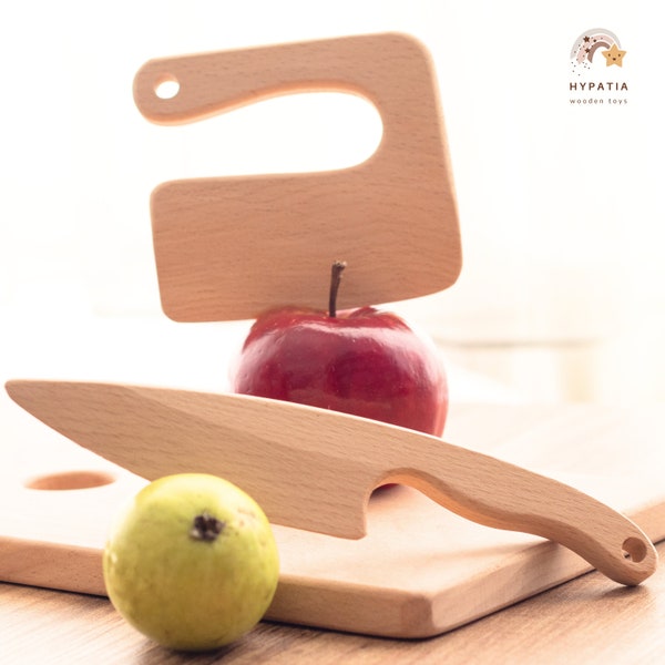 Couteau en bois sûr pour enfants - Ensemble de découpe de cuisine en bois personnalisé Montessori | Cadeau pour tout-petit : cuisines ludiques et accessoires - Jouets écologiques