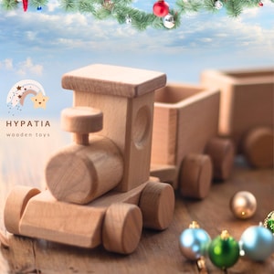 HOUTEN KERSTTREIN - gepersonaliseerd houten treincadeau voor peuter | 1e kerstcadeau voor kinderen | eerste kerstornament | speelgoedtreinset