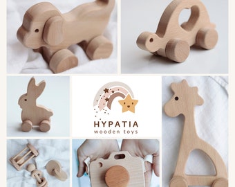 Personalized Wooden Toy Animals on Wheels with Montessori Rattles | Newborn Baby Gift Set | Baby Shower, 1st Birthday, Gift For Newborn Baby