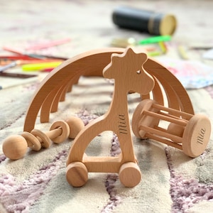 Newborn Gift Set: Wooden giraffe toy, Montessori cylinder & rod rattle - Non-Toxic, Splinter-Free | personalized gift for 0-12 months babies