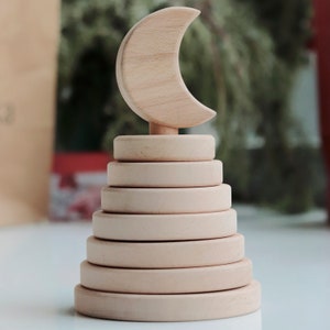Christmas Gift Toddler: Personalized Montessori Wooden Waldorf Stacking Moon Tower | Developmental Ring Pyramid Toy 1st Birthday Baby Shower