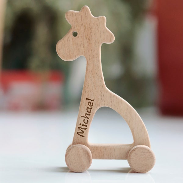 Personalized Wooden Giraffe on Wheels: Toddler Push Pull Montessori Toy | Christmas, Baby Shower, 1st Birthday Gift | Children's Photo Props