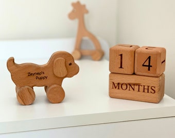 Baby Milestone Blocks & Personalized Wooden Dog Toy | Nursery Room Decor Day Week Monthly Blocks, Newborn Baby Shower Gift For Expecting Mom