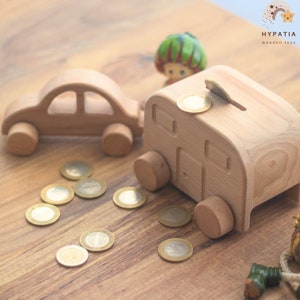 Personalisierte Holz Wohnwagen Sparschwein - Camper Auto Geld sparen Duo | Babyparty, Weihnachten, Taufe, Geburtstagsgeschenk Spielzeug für Kleinkinder und Kinder