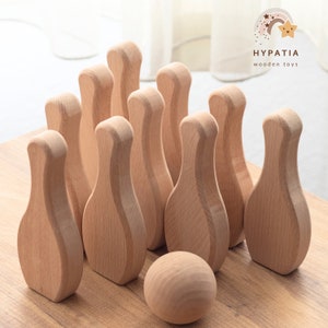 Personalized Wooden Bowling Pin Set for toddlers kids - 10 Pins, 1 Ball & Special cotton bag! Christmas, Baptism, Easter, Birthday Gift Toy