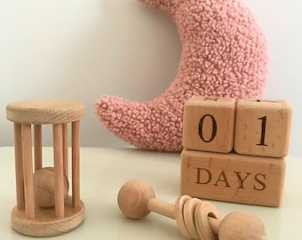 Montessori Baby Rattle & Milestone Blocks Set - Beech Wood Newborn Gift