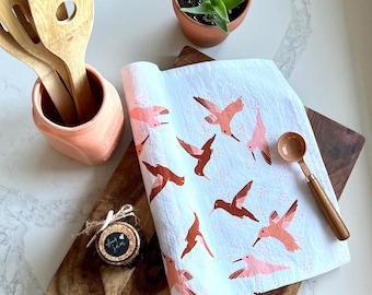 Hummingbird Tea Towel, Flour Sack Cotton Screen Printed Kitchen Towel, Oversized Allover Print, Summer Kitchen Decor, Great Hostess Gift