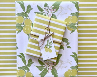 Reversible Wrapping Paper, Lemon Stripe Gift Wrap, Double Sided Wrapping Paper, Birthday Gift, Shower Gift, Housewarming Gift