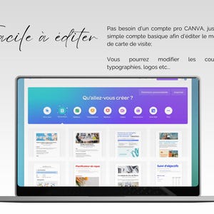 May include: A laptop computer screen displaying a website with a colorful gradient background. The website is titled "Qu'allez-vous cr&eacute;er?" and features a grid of thumbnails showcasing different design templates. The text "Facile &agrave; &eacute;diter" is visible at the top of the screen.