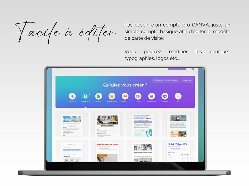 May include: A laptop computer screen displaying a website with a colorful gradient background. The website is titled "Qu'allez-vous cr&eacute;er?" and features a grid of thumbnails showcasing different design templates. The text "Facile &agrave; &eacute;diter" is visible at the top of the screen.