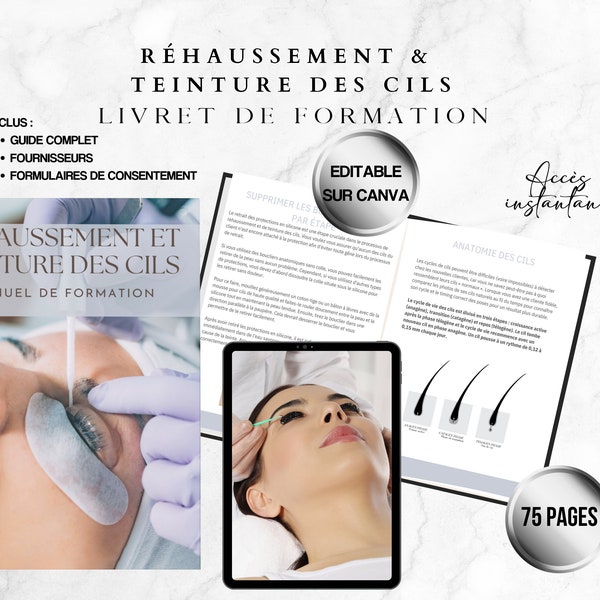 Réhaussement de cils, teinture de cils, Livret de Formation modifiable Canva, Beauté Académie, Téléchargement instantané, élève ou formateur