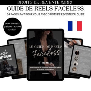 Peut inclure: Un guide de produit numérique avec une couverture noir et blanc représentant le texte "LE GUIDE DE REELS Faceless" et une femme portant un blazer noir. Le guide compte 34 pages et comprend un guide bonus pour les Reels Instagram.
