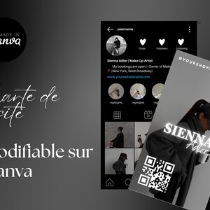 May include: A black and white Instagram profile card with a QR code. The profile card features a photo of a woman wearing a black hoodie and a black baseball cap. The text "SIENNA Adler" is written in white letters on the card. The text "@YOURSHOPNAME" is in the top right corner of the card.