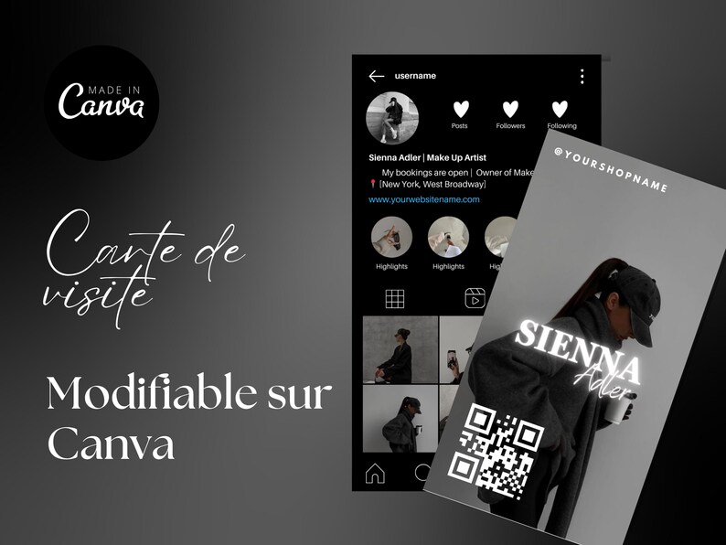 May include: A black and white Instagram profile card with a QR code. The profile card features a photo of a woman wearing a black hoodie and a black baseball cap. The text "SIENNA Adler" is written in white letters on the card. The text "@YOURSHOPNAME" is in the top right corner of the card.
