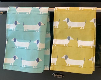 Dachshund Tea Towels, Set of 3, Singles, Sausage Dog Gifts, Blue and Yellow Mid Century Scandi Print