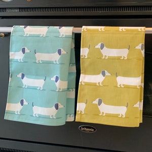 Dachshund Tea Towels, Set of 3, Singles, Sausage Dog Gifts, Blue and Yellow Mid Century Scandi Print