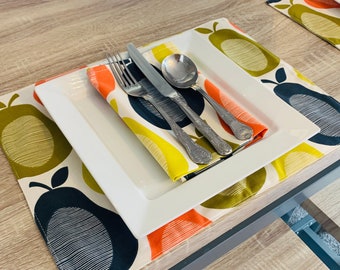 Colourful Pear Print Placemats, Napkins, BBQ Outdoor Dining, Bright Summer Table Linen, Retro kitchen accessories