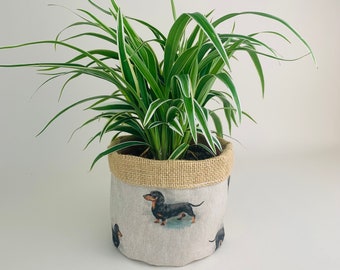 Dachshund Linen Sausage Dog Plant Pot Cover, Storage Basket, Mid Century, House Plant Cover, Indoor Planter, Housewarming Gift