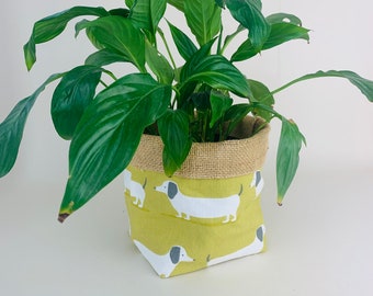 Dachshund Sausage Dog Plant Pot Cover Yellow, Storage Basket, Mid Century Chic, House Plant Cover, Indoor Planter, Housewarming Gift