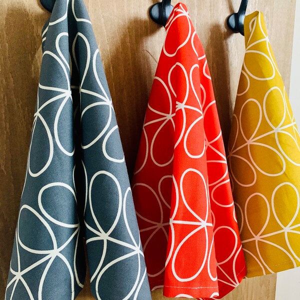 Retro Stem Tea Towels, Set of 3, Singles, Handsewn, Choice of colours Mid Century Scandi Print