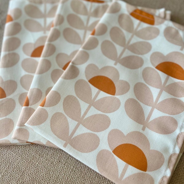 Sweet Pea Orange Tea Towels, Retro Kitchen Decor, Set of 3, Singles, Handsewn Mid Century Scandi Print