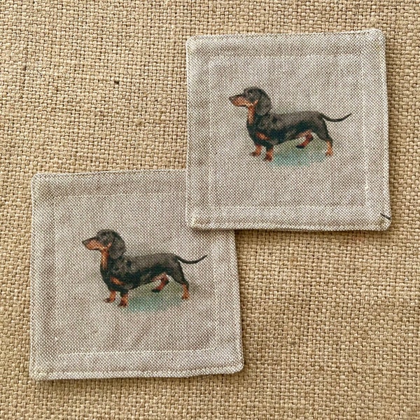 Linen Dachshund Sausage Dog Drinks Coasters x 2 - Dog Print Fabric, Set of Linen Blend Coasters