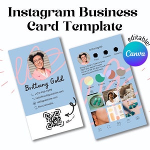 May include: A blue and pink Instagram business card template with a photo of a woman, her name, contact information, and a QR code. The template includes sections for posts, followers, stories, and more.