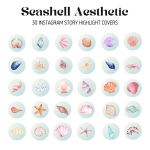 May include: 30 watercolour illustrations of seashells and starfish on a light blue background. These illustrations are perfect for Instagram story highlight covers.