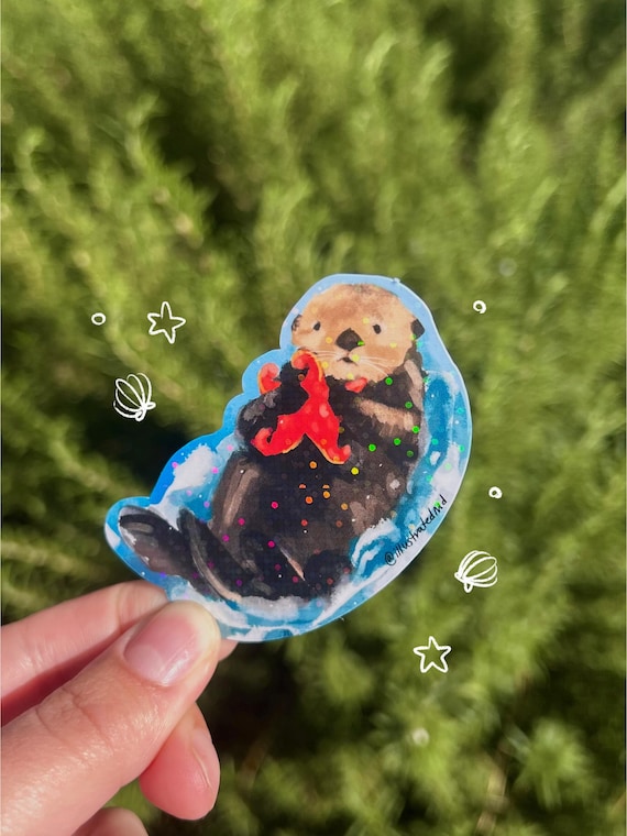 Otter with Starfish Sticker, Holographic Diecut, Waterproof Vinyl