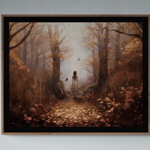 Autumn Stroll Printable Art, Alone Girl&#39;s Colorful Art Print, Vintage Fall Wall Print, Digital Download Print, Rustic Fall Wall Art Print