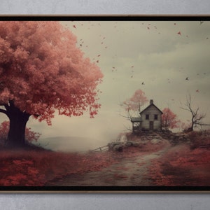 Pink Autumn Homestead Printable Art, Colorful Wall Print, Vintage Fall Wall Print, Halloween Wall Art, Digital Download, Farmhouse Decor