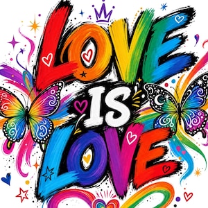 May include: A vibrant graphic design featuring the text LOVE IS LOVE in bold, multi-coloured brushstroke lettering. The composition includes two detailed butterflies with rainbow-coloured wings, small hearts, stars, and an infinity symbol.