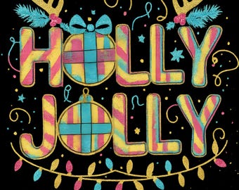 Colorful Glitter Holly Jolly Png, Christmas Png, Glitter Ornaments Christmas Png, Christmas Png, Christmas Coquette Png, Brushstroke