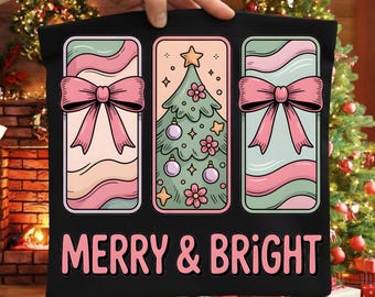 Floral preppy christmas tree bow png, merry & bright png, floral coquette png, preppy christmas png, Pink Blue christmas png,merry christmas