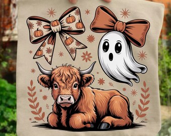Coquette western spook png, Highland Cow png, Western Halloween png, bloemen herfststrik png, boho pompoencoquette png, cowboy herfst png