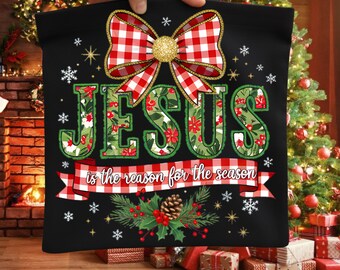 Coquette Floral Christmas Jesus Png, Preppy Christmas Bow Png, Checkered Red Plaid Png, Jesus Is The Reason, Faux Glitter,Nativity Scene Png