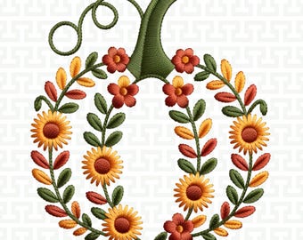 Floral Pumpkin Embroidery Design: Thanksgiving Autumn Leaves & Flowers Machine Embroidery Digital PNG File, Instant Download