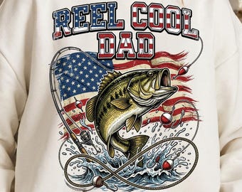Reel Cool Dad PNG, Patriotic Fishing Dad Shirt Design, Bass Fish American Flag PNG, Father's Day Fishing Gift, 4th of July Fisherman