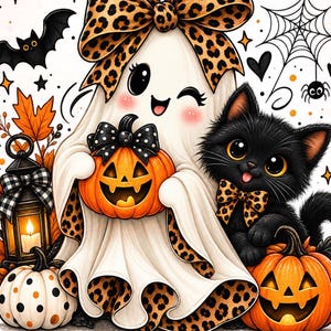 Op de afbeelding: Een cartoonillustratie met een wit spookje met een grote strik met luipaardprint, dat een kleine pompoen vasthoudt. Naast het spookje staan een pluizig zwart kitten met een luipaardstrik, een verlichte lantaarn, herfstbladeren en pompoenen.