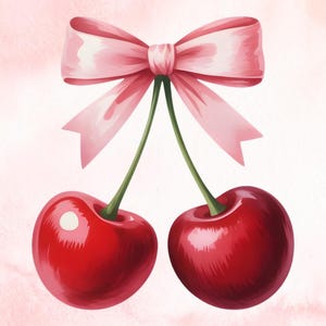 May include: Watercolor illustration of two ripe red cherries with green stems, tied together with a light pink bow. The cherries have a glossy finish and are set against a soft pink background.