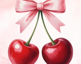 Cherry with Bow PNG, Watercolor Cherry With Bow Clipart, Coquette Bow PNG, Instant Download, Cherry with Bow SVG, Coquette Cherry png design