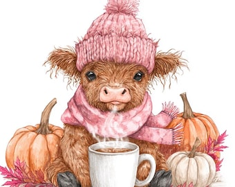 Automne bébé vache Highland PNG automne vache sublimation conception saison fantasmagorique automne vache chemise png téléchargements