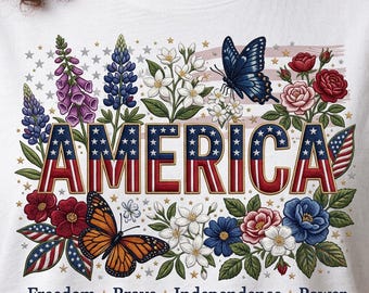 Floral America PNG, Floral Brushstroke USA Png, Retro America Png, 4th Of July PNG, 4th Of July Sublimation Design, Patriotic Png, Girly png