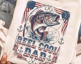 Reel Cool Dad PNG, Patriotic Fishing Dad Shirt Design, Bass Fish American Flag PNG, Father's Day Fishing Gift, 4th of July Fisherman