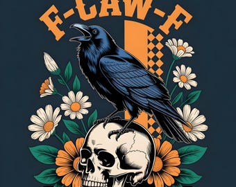 Cuervo PNG, F-CAW-F Divertido Halloween PNG, Gótico Floral a Cuadros PNG, Diseño de Sublimación de Pájaro Oscuro, Humor de Pájaro Cuervo Descarga Digital