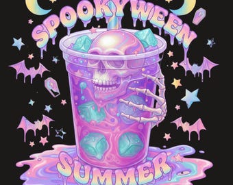 Spookyween Summer Pastel Goth Print | Cute Creepy Halloween Aesthetic PNG  Skeleton Drink PNG