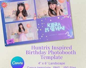 May include: A purple and blue birthday photobooth template with three photos of a girl. The template includes the text "Kiera is Seven!" and "Huntrix Inspired Birthday Photobooth Template". The template is 4" x 6" landscape.