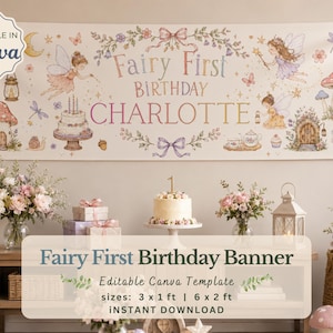 May include: A horizontal banner featuring the text Fairy First BIRTHDAY CHARLOTTE with illustrations of fairies, mushrooms, a cake, a crescent moon, and floral garlands. The design includes a small badge stating Editable in Canva.