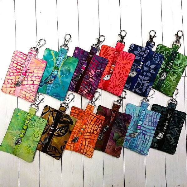 Beautiful Batik KEYCHAIN COIN POUCH w/Swivel Lobster Clasp, Bead & Rhinestone Zipper Pull, Filigree Leaf Charm, Gorgeous Colors, Handmade