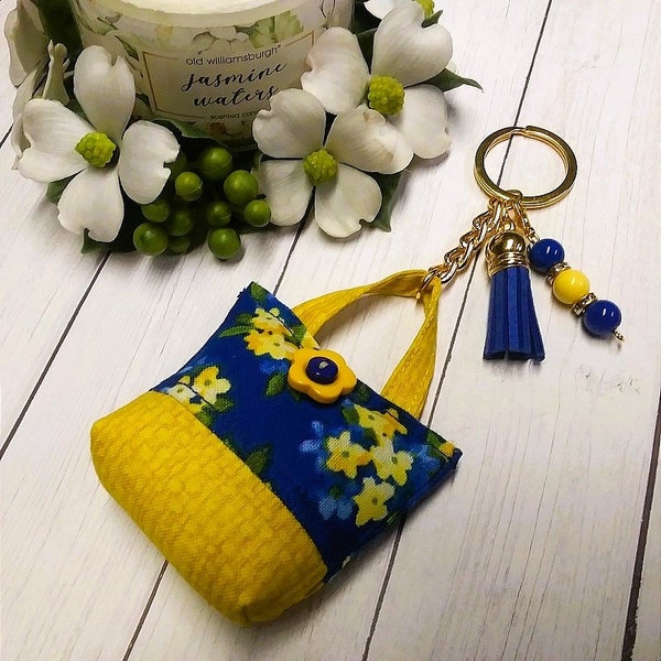 FORGET-ME-NOTS Mini Tote Bag Keychain, Goldtone Keyring, Suede Tassel, Detachable Bead Charm, Royal Blue/Yellow, Gift For Mom, Handmade